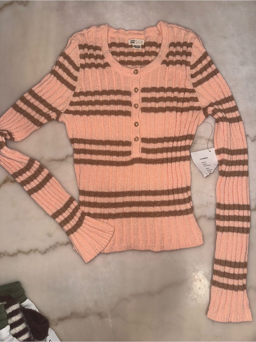 Billabong Peach and Brown Striped Ribbed Henley Long Sleeve Top
